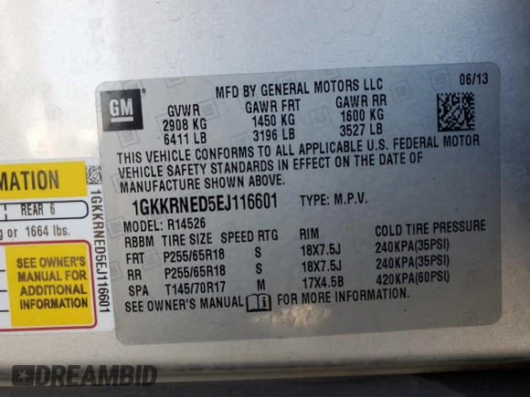 2014 GMC Acadia SLE z VIN 1GKKRNED5EJ116601, wystawiony jako Copart lot #54774595 z przebiegiem 90 171 mil mil oraz Szkoda całkowita • Salvage title. Historia ofert i sprzedaży dostępna na DreamBid. Obrazek 13.