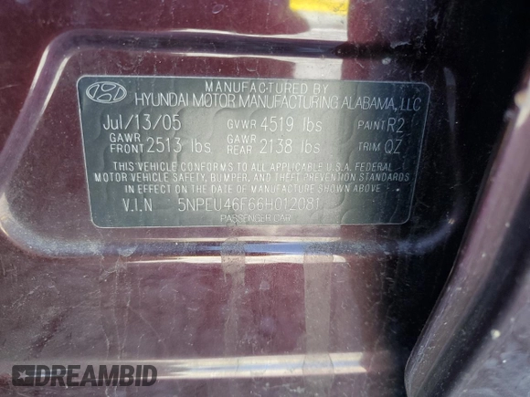 2006 Hyundai Sonata GLS with VIN 5NPEU46F66H012081, listed as a Copart auction lot 53703165 with 131,834 mi miles and Clean Title. Bid and sale history available at DreamBid. Image 12.