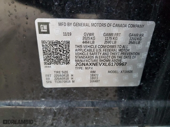 2020 Chevrolet Equinox Premier with VIN 2GNAXNEVXL6170967, listed as a Copart auction lot 87814785 with 49,385 mi miles and Salvage Title. Bid and sale history available at carsss.com. Image 15.