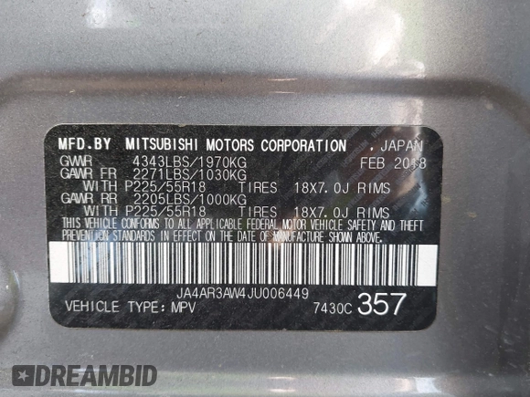 2018 Mitsubishi Outlander SE with VIN JA4AR3AW4JU006449, listed as a IAAI auction lot 42159454 with 84,336 mi miles and . Bid and sale history available at DreamBid. Image 9.