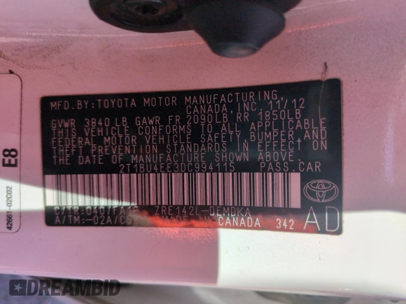 2013 Toyota Corolla L with VIN 2T1BU4EE3DC994115, listed as a Copart auction lot 53836525 with 164,962 mi miles and Salvage Title. Bid and sale history available at DreamBid. Image 13.