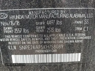 2019 Hyundai Sonata SE z VIN 5NPE24AF5KH758089, wystawiony jako IAAI lot #42412549 z przebiegiem 62 368 mil mil oraz . Historia ofert i sprzedaży dostępna na DreamBid. Obrazek 9.