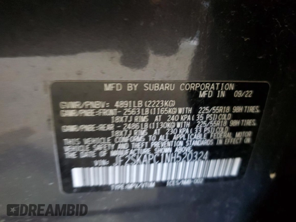 2022 Subaru Forester Limited z VIN JF2SKAPC1NH520324, wystawiony jako Copart lot #56921045 z przebiegiem 78 541 mil mil oraz Szkoda całkowita • Salvage title. Historia ofert i sprzedaży dostępna na DreamBid. Obrazek 14.
