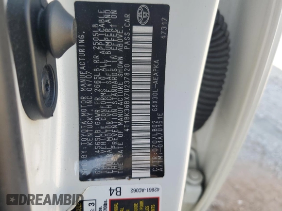 2007 Toyota Avalon XL z VIN 4T1BK36BX7U237820, wystawiony jako Copart lot #53845505 z przebiegiem 120 698 mil mil oraz Szkody całkowita. Historia ofert i sprzedaży dostępna na DreamBid. Obrazek 12.