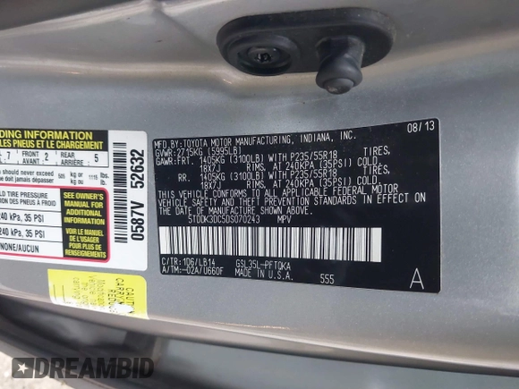 2013 Toyota Sienna XLE with VIN 5TDDK3DC5DS070243, listed as a IAAI auction lot 41162661 with 149,672 mi miles and . Bid and sale history available at DreamBid. Image 9.