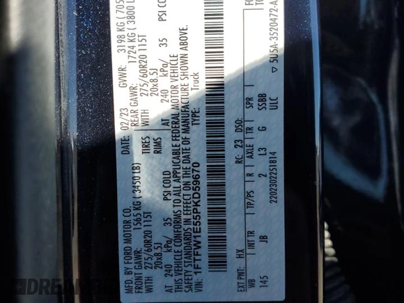 2023 Ford F-150 XL with VIN 1FTFW1E55PKD59670, listed as a Copart auction lot 48297005 with 20,668 mi miles and Salvage Title. Bid and sale history available at carsss.com. Image 12.