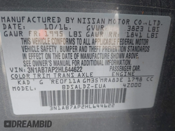 2017 Nissan Sentra SV with VIN 3N1AB7AP2HL644622, listed as a IAAI auction lot 41992213 with 83,296 mi miles and . Bid and sale history available at DreamBid. Image 9.