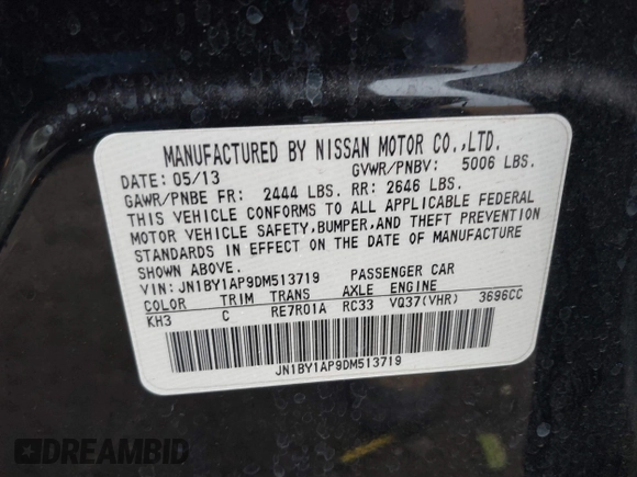 2013 Infiniti M37 with VIN JN1BY1AP9DM513719, listed as a IAAI auction lot 41543165 with 141,488 mi miles. Bid and sale history available at carsss.com. Image 9.