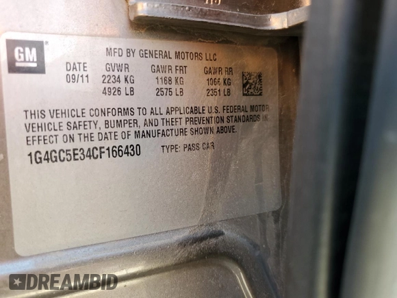 2012 Buick LaCrosse Leather with VIN 1G4GC5E34CF166430, listed as a Copart auction lot 56374875 with 31,334 mi miles and Salvage title. Bid and sale history available at DreamBid. Image 12.