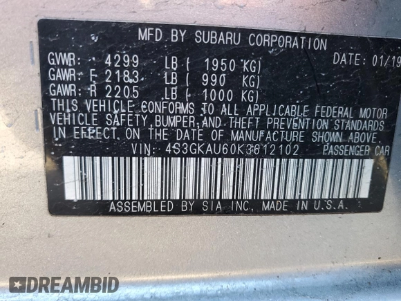 2019 Subaru Impreza Limited with VIN 4S3GKAU60K3612102, listed as a Copart auction lot 40752734 with 32,891 mi miles and Salvage title. Bid and sale history available at DreamBid. Image 12.