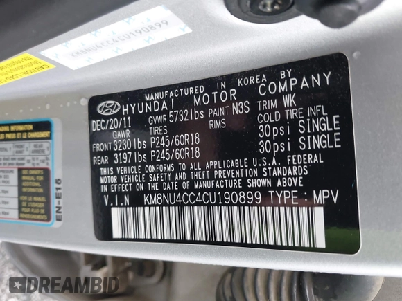 2012 Hyundai Veracruz Limited z VIN KM8NU4CC4CU190899, wystawiony jako IAAI lot #41511662 z przebiegiem 201 617 mil mil oraz . Historia ofert i sprzedaży dostępna na DreamBid. Obrazek 9.