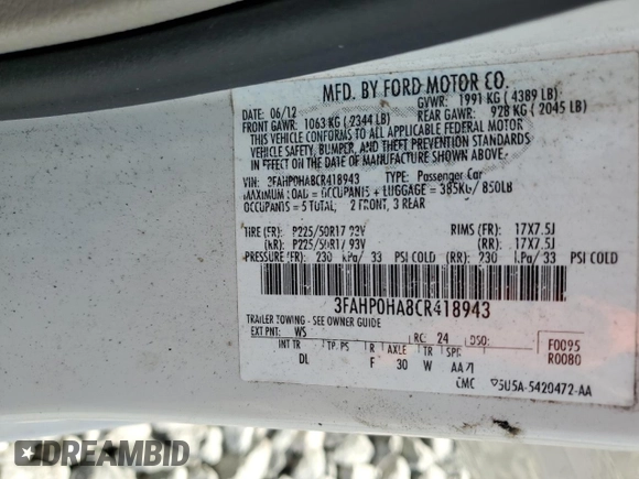 2012 Ford Fusion SE with VIN 3FAHP0HA8CR418943, listed as a Copart auction lot 54193165 with Not Provided miles and Salvage Title. Bid and sale history available at carsss.com. Image 12.