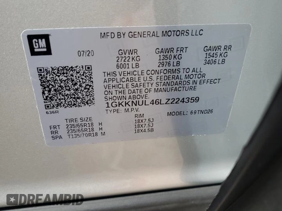 2020 GMC Acadia SLT z VIN 1GKKNUL46LZ224359, wystawiony jako Copart lot #71494364 z przebiegiem 90 678 mil mil oraz Szkoda całkowita • Salvage title. Historia ofert i sprzedaży dostępna na DreamBid. Obrazek 13.