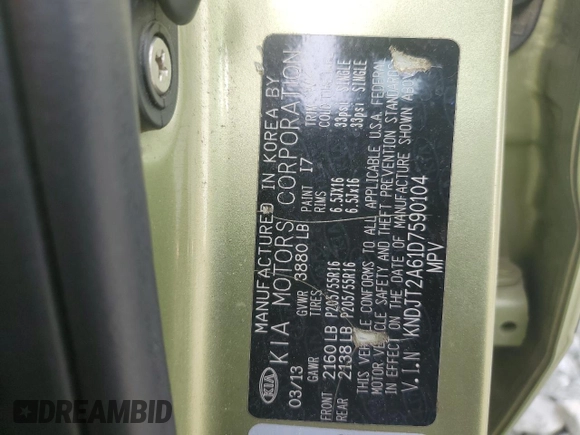2013 Kia Soul + z VIN KNDJT2A61D7590104, wystawiony jako Copart lot #54177485 z przebiegiem 300 317 mil mil oraz Szkoda całkowita • Salvage title. Historia ofert i sprzedaży dostępna na DreamBid. Obrazek 12.