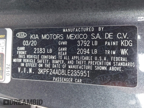 2020 Kia Forte LXS with VIN 3KPF24AD8LE235951, listed as a IAAI auction lot 41841194 with 48,894 mi miles. Bid and sale history available at carsss.com. Image 9.