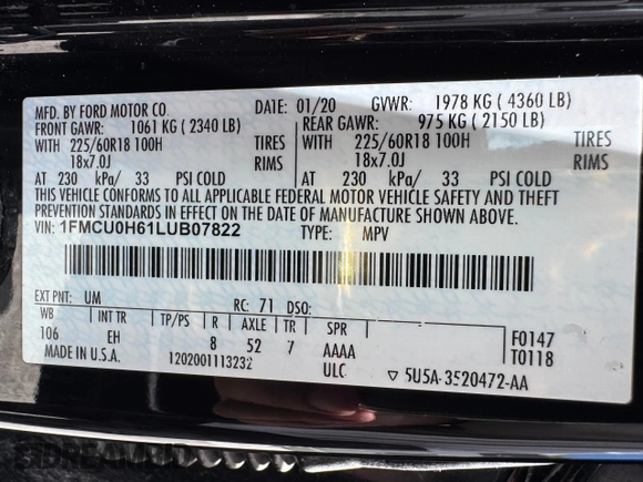 2020 Ford Escape SEL with VIN 1FMCU0H61LUB07822, listed as a Copart auction lot 62612175 with 65,721 mi miles and Salvage title. Bid and sale history available at DreamBid. Image 15.