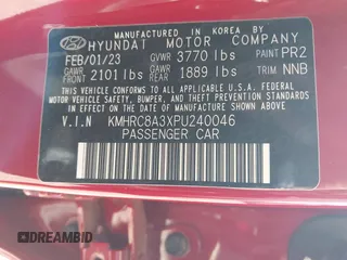 2023 Hyundai Venue Limited with VIN KMHRC8A3XPU240046, listed as a IAAI auction lot 42000658 with 40,344 mi miles and . Bid and sale history available at DreamBid. Image 9.