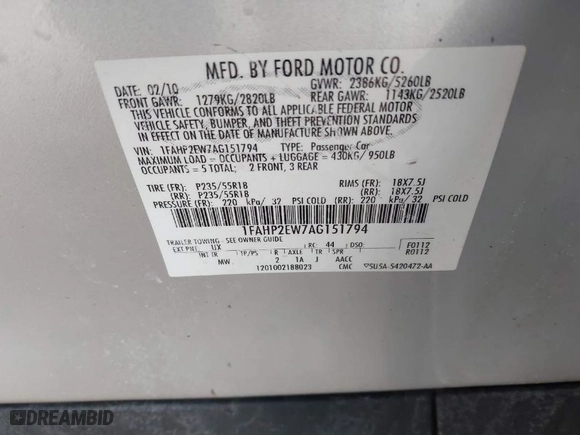 2010 Ford Taurus SEL with VIN 1FAHP2EW7AG151794, listed as a IAAI auction lot 41837109 with 129599 miles. Bid and sale history available at carsss.com. Image 9.