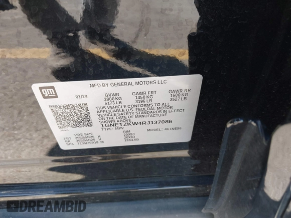 2024 Chevrolet Traverse with VIN 1GNETZKW4RJ137086, listed as a IAAI auction lot 40529243 with 12,193 mi miles and . Bid and sale history available at DreamBid. Image 9.