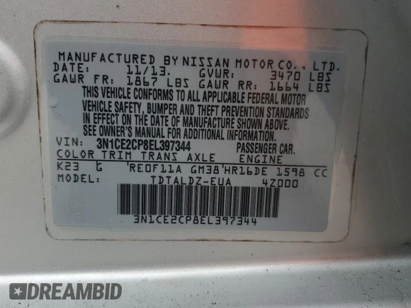 2014 Nissan Note SV with VIN 3N1CE2CP8EL397344, listed as a Copart auction lot 50487535 with 150,604 mi miles and Salvage Title. Bid and sale history available at DreamBid. Image 14.