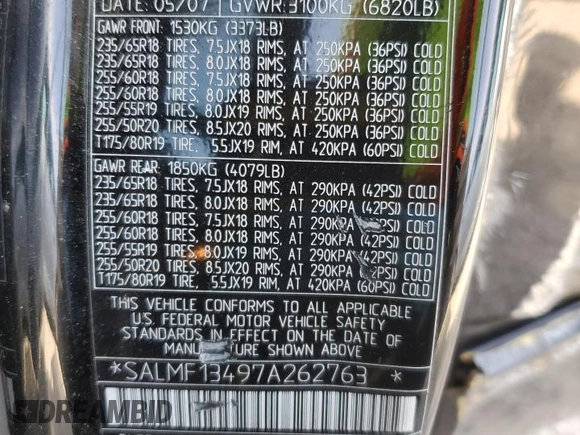 2007 Land Rover Range Rover SC z VIN SALMF13497A262763, wystawiony jako Copart lot #48158695 z przebiegiem 217 413 mil mil oraz Szkoda całkowita • Salvage title. Historia ofert i sprzedaży dostępna na DreamBid. Obrazek 13.