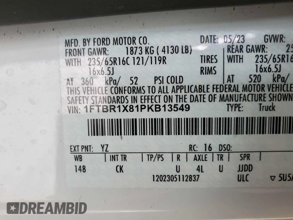 2023 Ford Transit Cargo с VIN 1FTBR1X81PKB13549, выставлен на аукционе IAAI как лот 42556081 с пробегом 68 225 миль миль и . История ставок и продаж доступна на DreamBid. Изображение 14.