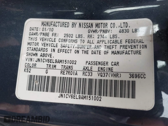 2010 Infiniti G37 Coupe x with VIN JN1CV6EL9AM151002, listed as a IAAI auction lot 42035688 with 209,757 mi miles. Bid and sale history available at carsss.com. Image 9.