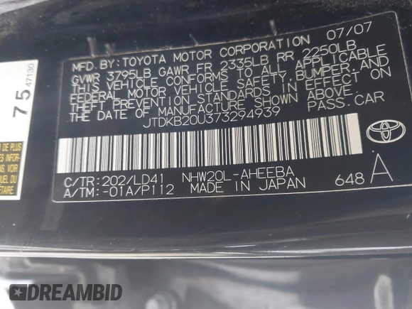 2007 Toyota Prius with VIN JTDKB20U373294939, listed as a IAAI auction lot 41669617 with 269,589 mi miles. Bid and sale history available at carsss.com. Image 9.