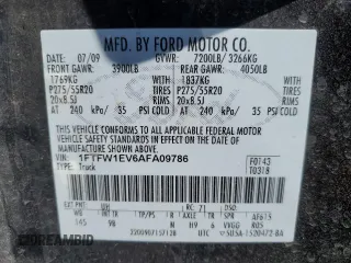 2010 Ford F-150 XL with VIN 1FTFW1EV6AFA09786, listed as a Copart auction lot 54954795 with 152,305 mi miles and Salvage title. Bid and sale history available at DreamBid. Image 12.
