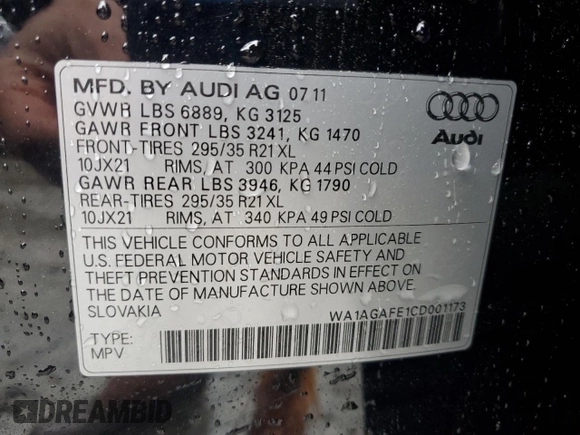2012 Audi Q7 S line with VIN WA1AGAFE1CD001173, listed as a Copart auction lot 52113295 with 146,972 mi miles and Salvage title. Bid and sale history available at DreamBid. Image 15.