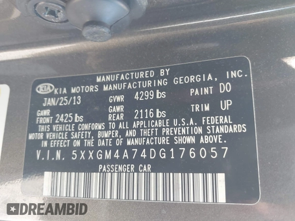 2013 Kia Optima LX with VIN 5XXGM4A74DG176057, listed as a IAAI auction lot 41826086 with 203,204 mi miles. Bid and sale history available at carsss.com. Image 9.