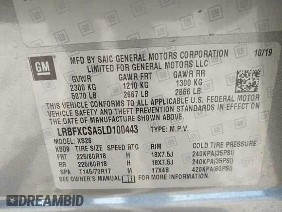 2020 Buick Envision Essence with VIN LRBFXCSA5LD100443, listed as a IAAI auction lot 41504556 with 43,858 mi miles and . Bid and sale history available at carsss.com. Image 9.