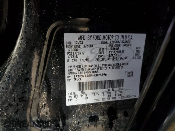 2004 Ford F-150 XLT with VIN 1FTPW14504KB95696, listed as a Copart auction lot 57332215 with 177,558 mi miles and Salvage title. Bid and sale history available at DreamBid. Image 12.