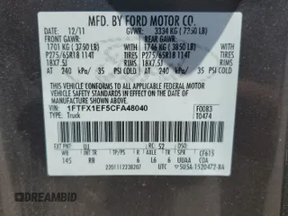 2012 Ford F-150 XL with VIN 1FTFX1EF5CFA48040, listed as a Copart auction lot 59801405 with 197,166 mi miles and Salvage title. Bid and sale history available at DreamBid. Image 12.