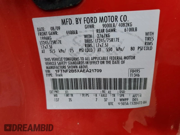 2010 Ford F-250 XL with VIN 1FTNF2B5XAEA21709, listed as a Copart auction lot 84045724 with 182,256 mi miles and Non repairable. Bid and sale history available at DreamBid. Image 14.