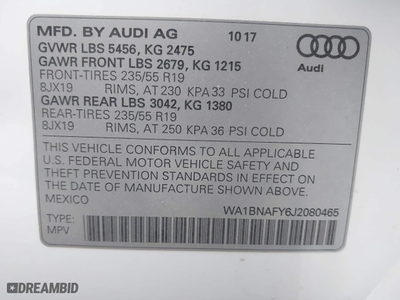 2018 Audi Q5 Premium Plus with VIN WA1BNAFY6J2080465, listed as a IAAI auction lot 41941203 with 79,724 mi miles. Bid and sale history available at carsss.com. Image 9.