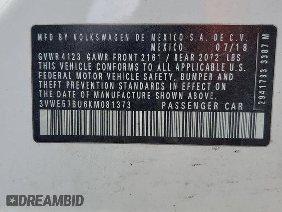 2019 Volkswagen Jetta SEL z VIN 3VWE57BU6KM081373, wystawiony jako Copart lot #54739325 z przebiegiem 65 381 mil mil oraz Czysty tytuł • Clean title. Historia ofert i sprzedaży dostępna na DreamBid. Obrazek 12.