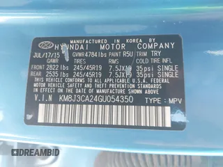 2016 Hyundai Tucson Eco with VIN KM8J3CA24GU054350, listed as a IAAI auction lot 41983769 with 132,424 mi miles. Bid and sale history available at carsss.com. Image 9.
