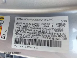 2020 Honda Accord EX-L with VIN 1HGCV3F56LA001379, listed as a IAAI auction lot 41683061 with 76,084 mi miles and . Bid and sale history available at DreamBid. Image 9.