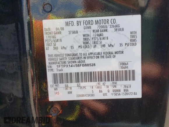 2008 Ford F-150 XLT with VIN 1FTPX14V58FB88528, listed as a Copart auction lot 55955935 with 195,719 mi miles and Salvage title. Bid and sale history available at DreamBid. Image 12.