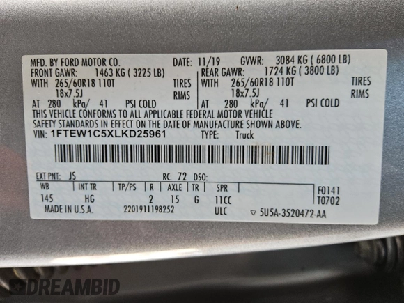 2020 Ford F-150 XL with VIN 1FTEW1C5XLKD25961, listed as a Copart auction lot 52750185 with 83,805 mi miles and Clean Title. Bid and sale history available at DreamBid. Image 13.