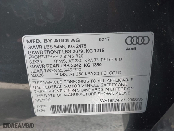 2018 Audi Q5 Premium Plus with VIN WA1BNAFY7J2008335, listed as a IAAI auction lot 41771552 with 39,352 mi miles. Bid and sale history available at carsss.com. Image 9.
