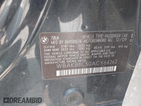 2010 BMW 7 Series 750Li with VIN WBAKB8C50ACY64262, listed as a IAAI auction lot 42433667 with 121,008 mi miles and . Bid and sale history available at DreamBid. Image 9.