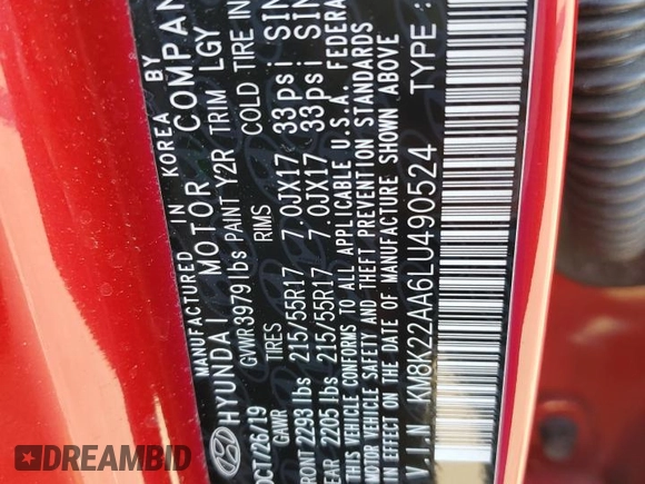 2020 Hyundai Kona SEL with VIN KM8K22AA6LU490524, listed as a Copart auction lot 46734135 with 108,044 mi miles and Salvage Title. Bid and sale history available at DreamBid. Image 15.