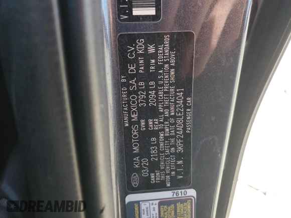 2020 Kia Forte LXS with VIN 3KPF24AD8LE234041, listed as a Copart auction lot 45962935 with 166,731 mi miles and Salvage Title. Bid and sale history available at carsss.com. Image 12.