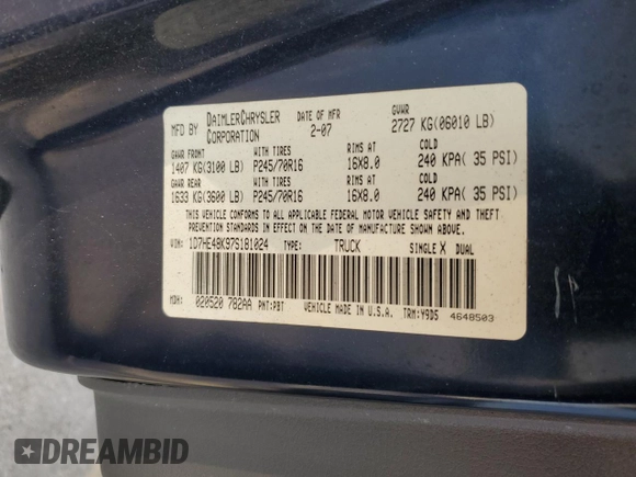 2007 Dodge Dakota SLT with VIN 1D7HE48K97S181024, listed as a Copart auction lot 44244355 with 110,016 mi miles and Salvage Title. Bid and sale history available at DreamBid. Image 14.