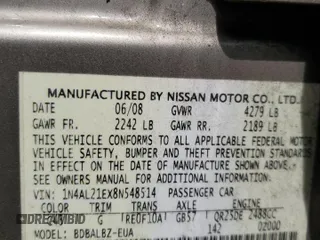 2008 Nissan Altima 2.5 SL with VIN 1N4AL21EX8N548514, listed as a Copart auction lot 49240905 with 181,696 mi miles and Salvage Title. Bid and sale history available at carsss.com. Image 13.