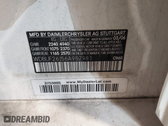 2006 Mercedes-Benz E 320 CDI with VIN WDBUF26J56A957981, listed as a IAAI auction lot 41582669 with 309,652 mi miles and . Bid and sale history available at DreamBid. Image 9.