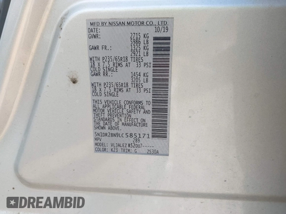 2020 Nissan Pathfinder SV with VIN 5N1DR2BN9LC585171, listed as a IAAI auction lot 42548131 with 98,204 mi miles and . Bid and sale history available at DreamBid. Image 9.
