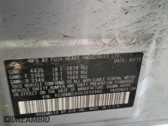 2013 Subaru Legacy Premium with VIN 4S3BMBC65D3039986, listed as a Copart auction lot 59604015 with 187,350 mi miles and Salvage title. Bid and sale history available at DreamBid. Image 13.